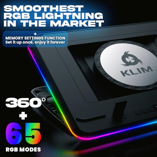 KLIM Turbofrost MAX Gaming Laptop Cooling Pad, Patented TurboFan XL | Smart Inlay for direct airflow, dual USB-C/DC power, 3 extra USB ports, up to 17.3in, LCD, RGB, Adjustable Speed