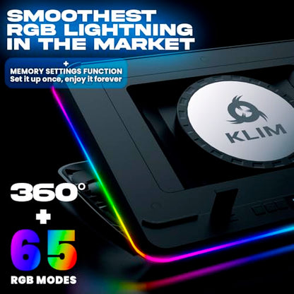 KLIM Turbofrost MAX Gaming Laptop Cooling Pad, Patented TurboFan XL | Smart Inlay for direct airflow, dual USB-C/DC power, 3 extra USB ports, up to 17.3in, LCD, RGB, Adjustable Speed