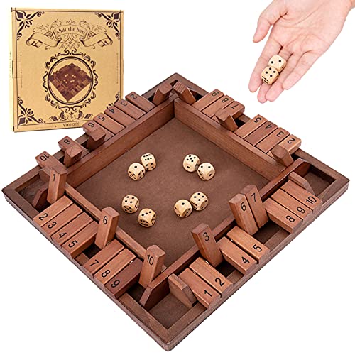Shut The Box Game Wooden 4 Player, Classic Board Game for Kids & Adults, Educational Math Learning Toy, Table Dice Game for The Party Family or Bar - 12 Inch with 8 Dice - style: 4 Players