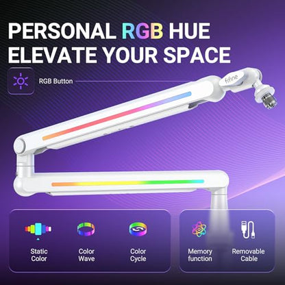 FIFINE BM88ProW RGB Low Profile Microphone Boom Arm for Gaming Streaming | Rotatable Desk Mount Mic Stand, Cable Management, RGB Control for Podcast, - color: white