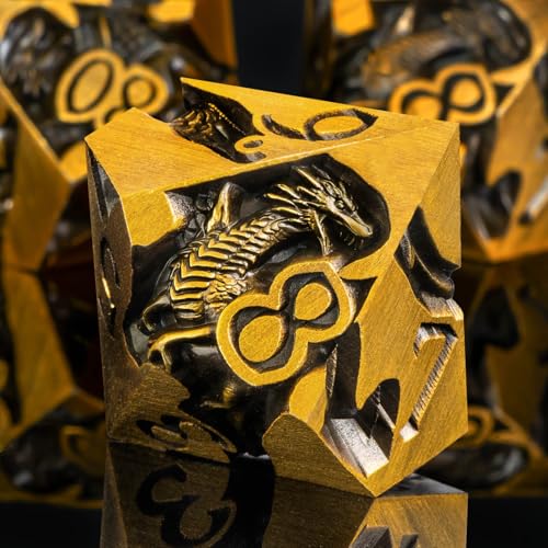 Roycevon Relief Dragon DND Dice Set for Role Playing Game, 7Pcs Metal D&D Dice Set Dungeons Dragons with Gift Box, Polyhedral D and D Dice D20 D12 D10 D8 D6 D4, Gold - color: Gold