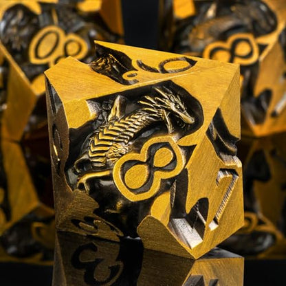 Roycevon Relief Dragon DND Dice Set for Role Playing Game, 7Pcs Metal D&D Dice Set Dungeons Dragons with Gift Box, Polyhedral D and D Dice D20 D12 D10 D8 D6 D4, Gold - color: Gold