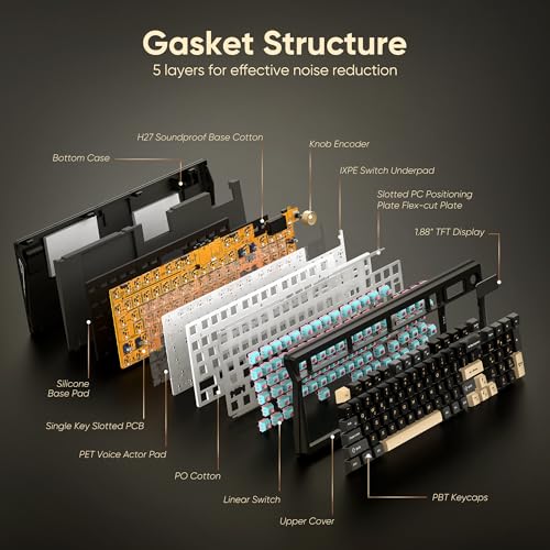 RedThunder K95 Wireless Mechanical Keyboard, TFT Screen & Knob, Tri-Mode BT5.0/2.4GHz/USB-C Hot Swappable Custom, Pre-lubed Linear Pink Switches, Gasket Structure, RGB Gaming Keyboard, Black-Gold - color: Black Gold