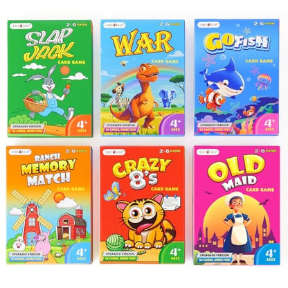 Upgraded Kids Card Games Pack, 6 Decks, Go Fish, Old Maid, Crazy Eights, Memory Match, Slap Jack, War, Playing Cards, Easter Basket Stuffers, Stocking Stuffers | Go Fish, Old Maid, Crazy Eights, Memory Match, Slap Jack, War. For family nights, travel, sto