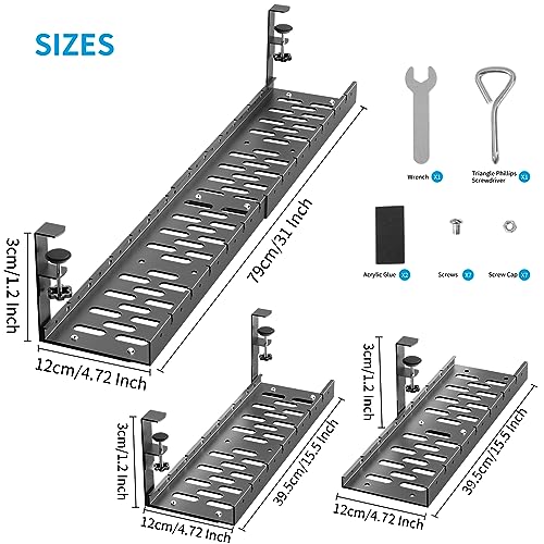 31Inch Extendable Under Desk Cable Management Tray, Black Metal Cable Management Tray Under Desk Cord Management with Clamp, 31 Inch x 4.33 Inch