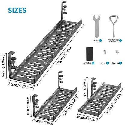 31Inch Extendable Under Desk Cable Management Tray, Black Metal Cable Management Tray Under Desk Cord Management with Clamp, 31 Inch x 4.33 Inch
