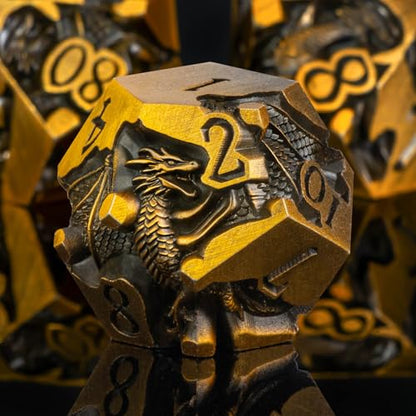 Roycevon Relief Dragon DND Dice Set for Role Playing Game, 7Pcs Metal D&D Dice Set Dungeons Dragons with Gift Box, Polyhedral D and D Dice D20 D12 D10 D8 D6 D4, Gold - color: Gold