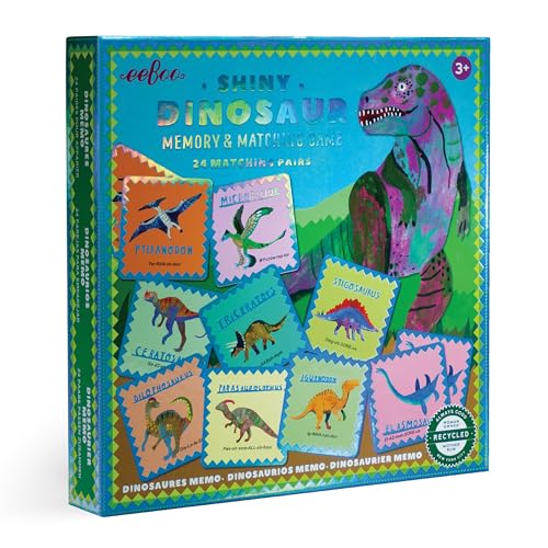 eeBoo Shiny Dinosaur Memory & Matching Game, Ages 3+, 1-4 Players | Teaches dinosaur names & pronunciation. Sharpens recognition, concentration & memory skills. Includes 48 foil tiles, 24 pairs - style: Shiny Dinosaur