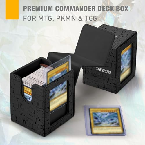 MTG Commander Deck Box with Display Window, Magnetic Closure Card Case Holds 100+ Double-Sleeved Cards, PU Leather TCG Storage Box Compatible with PTCG, Sports & Trading Cards（Black - color: Black