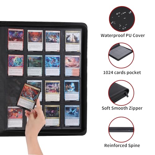 Snekdy premium 1024-pocket trading card binder, 16-pocket cards album, waterproof PU-leather Cover album with side loading, holds gaming, baseball, basketball & sports cards (Black) - color: Black