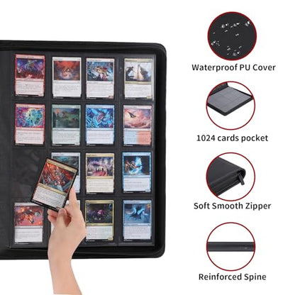 Snekdy premium 1024-pocket trading card binder, 16-pocket cards album, waterproof PU-leather Cover album with side loading, holds gaming, baseball, basketball & sports cards (Black) - color: Black