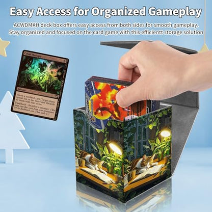 Card Deck Box for MTG Commander,Collectible Trading Storage Box Fits 120+ Single Sleeved Cards Magnetic Case PU Leather for Magic Commander TCG CCG MTG,Cat Book Plant - color: Cat Book Plant