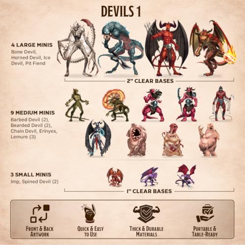 Skinny Minis Devil Miniatures Set, 16 Flat Minis with Bases for Tabletop Game, Infernal Monster Minis, D&D Compatible, 2D Pathfinder & 5e Minis for TTRPG