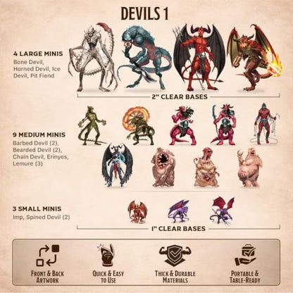 Skinny Minis Devil Miniatures Set, 16 Flat Minis with Bases for Tabletop Game, Infernal Monster Minis, D&D Compatible, 2D Pathfinder & 5e Minis for TTRPG