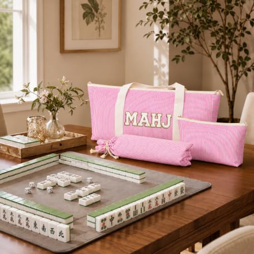 American Pink Mahjong Bag Set, 3 Empty Pcs of Mahjong Rack Storage Bags with Pink Stripes, Mahjong Tile Bag for Women Mahjong Lover or Man Party Supplies