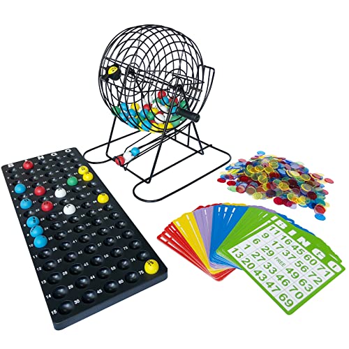 Yuanhe Jumbo Bingo Game Set - 11 Inch Tall Metal Cage with Calling Board, 7/8" Bingo Balls, 500 Bingo Chips,100 Bingo Cards for Large Group Games … - style: Jumbo Set