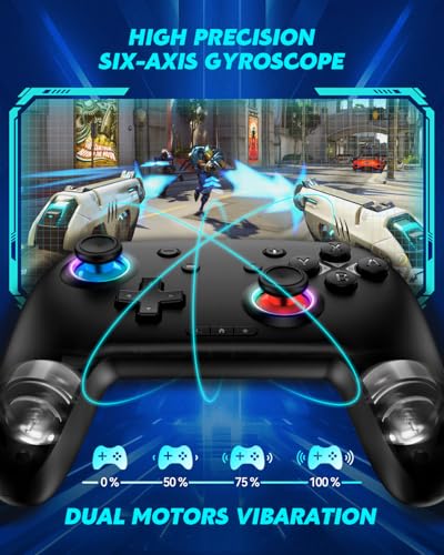 Switch Controller, Wireless Bluetooth Controller for Nintendo Switch 2/Switch/Lite/OLED, game controllers Compatible with iPhone/Mac/iPad/iOS/Android/Phone/PC/Steam and TV with Rotary Motors, RGB Hall Effect Joysticks/Macro Back Buttons/Turbo Modes/6-Axis