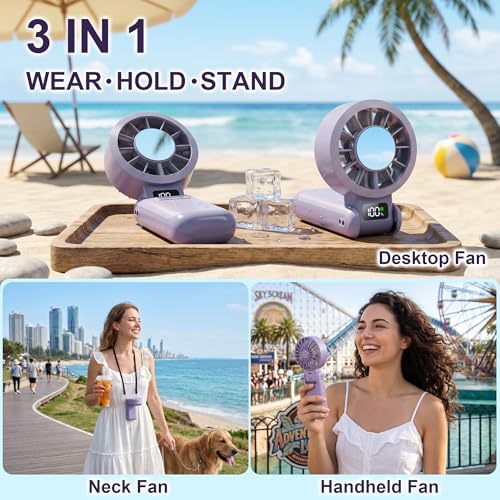 Portable Handheld Fan with Ice Cooling, 5.5m/s Rechargeable Fan, Independent Switch, 5-Speed, LED Display, 12H Battery, Foldable Neck Personal for Travel Essentials, Concerts, Sports - Purple - color: Purple