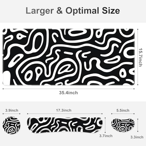 Large Gaming Mouse Pad Set, 4 in 1 Extended Keyboard Desk Mat with Wrist Rest, Computer Game Mousepad, Non-Slip Desk Pad Easy Typing Pain Relief for Home Office I Black White Topographic - color: Black White Topographic