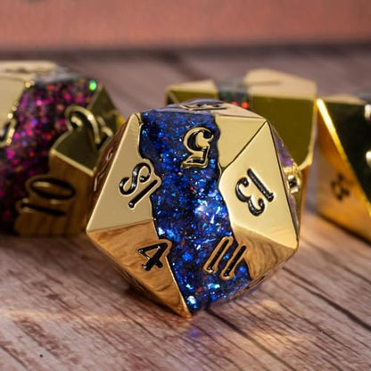 Galaxy Metal Dice Set, 7PCS Polyhedral DND Dice with Glitter Resin Inlay, Heavy Metal RPG Dice for Dungeons and Dragons Tabletop Games - color: Imitation Gold Seven Colors