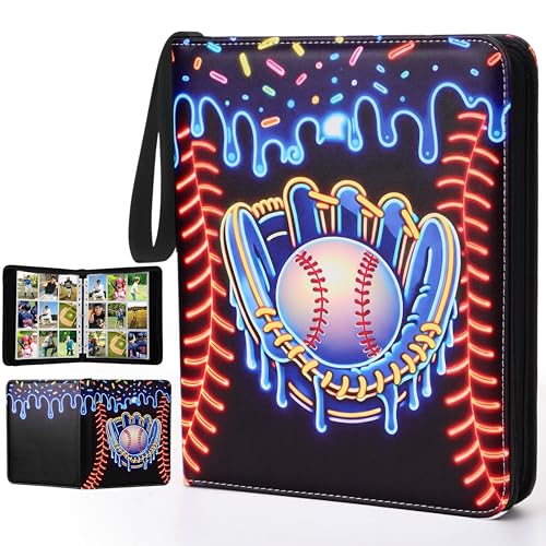 Pasimy 900 Pockets Ice Cream Drip Baseball Card Binder for Trading Cards 9 Pockets with 50 Removable Sleeves 3 Ring Baseball Card Holder Binder with Zipper for Sport Collection Book Storage Album - color: Neon Blue, size: 13.39 x 11.42 Inch, style: Ice Cr