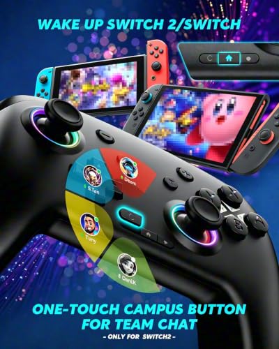 Switch Controller, Wireless Bluetooth Controller for Nintendo Switch 2/Switch/Lite/OLED, game controllers Compatible with iPhone/Mac/iPad/iOS/Android/Phone/PC/Steam and TV with Rotary Motors, RGB Hall Effect Joysticks/Macro Back Buttons/Turbo Modes/6-Axis