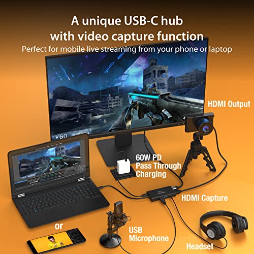 j5create Video Capture Card with PD 60W Pass-Through Charging | Built-in Multi-Function hub, Suitable for Streaming, Live Broadcasting, Video Conference, Teaching, Gaming (JVA01)