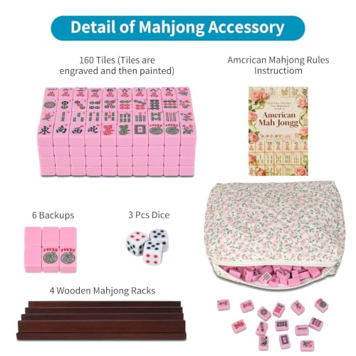 Travel American Mahjong Tile Set | 166 PCS 0.8 Inch Mini Mahjong Game Tiles, 4 Wooden Racks, Floral Storage Bag, 3 Dice & Beginner's Guide, Complete Portable Set (Pink) - color: Pink