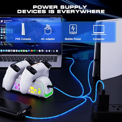 PS5 Controller Charger Dock for DualSense/Edge, 6 RGB Modes | ABS shell for PS5 setups charges DualSense/Edge controllers with auto-align dock, 6 RGB modes and safety chip