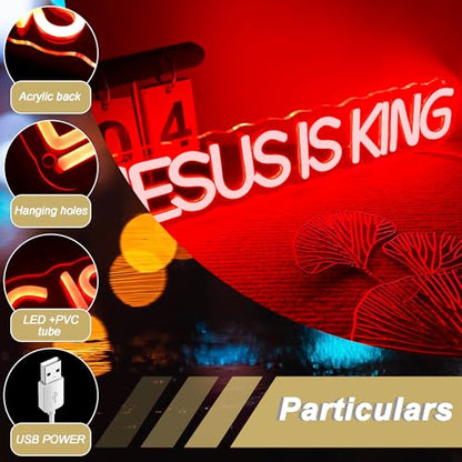 Mutank Jesus is King Neon Sign, Christian Neon Light USB Powered Dimmable LED, for Easter Church Religious Bible Verse Church God Christian Faith Based Sign Inspirational Christian Gifts(15.7*3.1 In) - color: Red+White