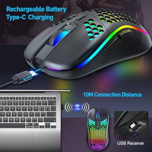 Wireless Gaming Mouse, Rechargeable Computer Mouse Ergonomic Mice Honeycomb Design with RGB Backlight, USB Receiver, 7 Buttons, Adjustable DPI, Wireless Mouse for PC/Mac/Laptop