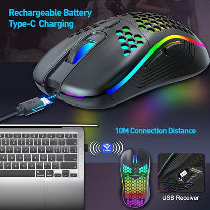 Wireless Gaming Mouse, Rechargeable Computer Mouse Ergonomic Mice Honeycomb Design with RGB Backlight, USB Receiver, 7 Buttons, Adjustable DPI, Wireless Mouse for PC/Mac/Laptop