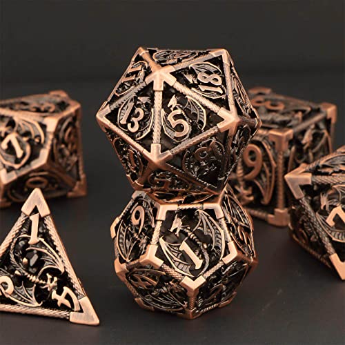 KERWELLSI Hollow DND Dice Set D&D with Gifts Box, 7pcs Polyhedral Metal D and D Dice for Role Playing Game, Dungeon Dragon Dice D20 D12 D10 D8 D6 D4 (Copper) - color: Copper