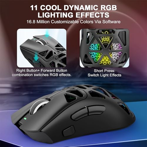 G11 Lightweight Wireless Gaming Mouse for FPS & Competitive Gaming, Tri-Mode Bluetooth 5.1/2.4GHz/USB-C, 22000 DPI RGB Mouse with Programmable Buttons for PC, Laptop & Mac (Black) - color: Black