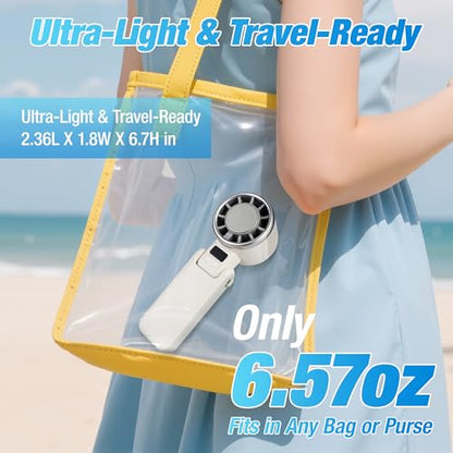 Portable Ice Cooling Handheld Turbo Fan, 100 Speeds, 4000mAh, Speed Display | 15,500 RPM brushless motor, USB-C charging, digital display, foldable desk mode and wearable neck use with included lanyard.