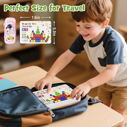 Mini Magnetic Tiles Travel Toys: Airplane Activities for Kids 3-8 | 40pcs Metal Box Play Base & Visual Storage Guide - Road Trip Essentials for Toddlers Quiet Games Portable Sets Must Haves - style: Glossy Surface Mini Magnetic Tiles - 40 PCS
