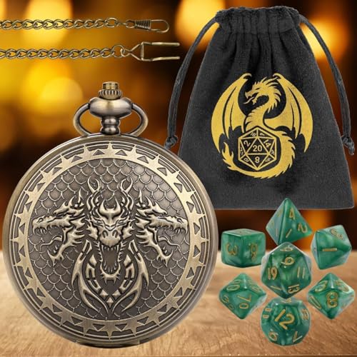 Acrylic DND Dice Set, Retro Dragon Pocket Watch Dice Set with Chain, 7pcs Polyhedral Dice, DND Starter Set, RPG Board Game Accessories, D&D Gifts for Fantasy Gamer, Gifts for Men Women, Green Dice - color: 3 Dragon Head C