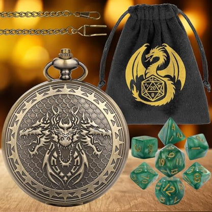 Acrylic DND Dice Set, Retro Dragon Pocket Watch Dice Set with Chain, 7pcs Polyhedral Dice, DND Starter Set, RPG Board Game Accessories, D&D Gifts for Fantasy Gamer, Gifts for Men Women, Green Dice - color: 3 Dragon Head C
