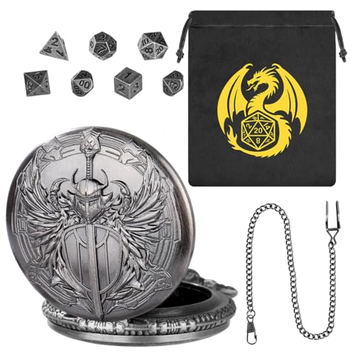 Mini DND Dice Set with Steampunk Paladin Pocket Watch Shell Case, DND Starter Set, 7pcs Polyhedral Mini Metal Dice Set, DND Gifts with Gift Bag, Role Playing Board Game Accessories, Silver - color: Dark Silver