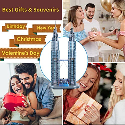 3D Puzzles for Adults & Kids, Petronas Twin Towers City Architecture Building Model Kit, 3-D Jigsaw Puzzles DIY STEM Desk Toys Christmas Birthday Gift for Hobbyist Teens Boys Girls 10-12-14, 130 PCS - style: Petronas Twin Towers