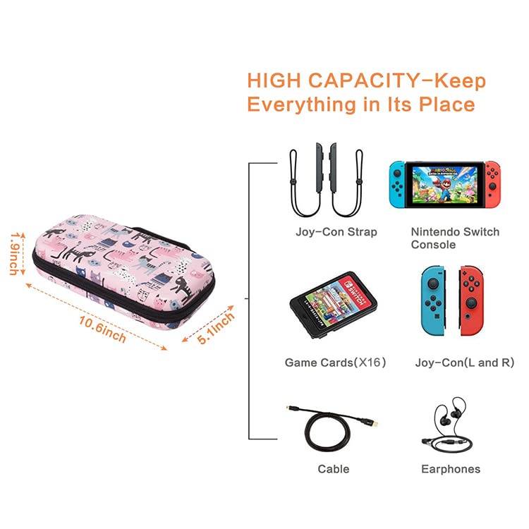 CutebriCase Nintendo Switch Case OLED Model 2021 & 2017, Cat Pink, Hybrid Hard Shell, 16 Game Card Slot, Portable Handle - color: Pink Cats