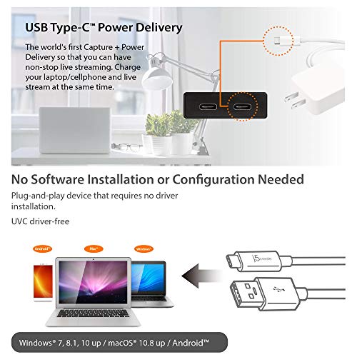 j5create Live Video Capture Card - HDMI to USB-C, Supports 1080p 60FPS | Video and Audio Recording, Power Delivery 60W Pass Through, for PC Xbox PlayStation Android Game Live Streaming (JVA02)