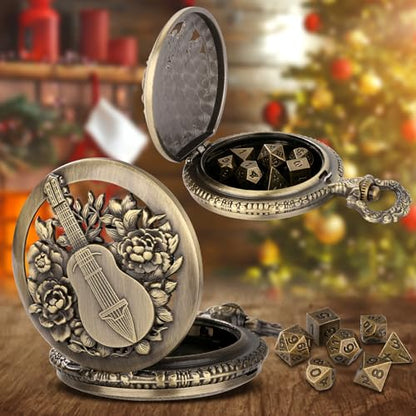 Mini DND Dice Set with Steampunk Hollow Bard Pocket Watch Shell Case, 7 PCS Metal Polyhedral D&D Dice Set, Xmas Gift with Gift Box, Role Playing Board Game Accessories, Bronze - color: Bard + Christmas Box
