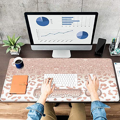 Large Mouse Pad with Wrist Rest, 4-in-1 Wrist Rest for Keyboard and Mouse | Non-Slip Waterproof Desk Mat Set, 35.4"x15.7" Desk Mat+Keyboard Wrist Rest+Mouse Wrist Support+Cup Coaster for Home Office - color: 4Pcs-Rose Gold Leopard