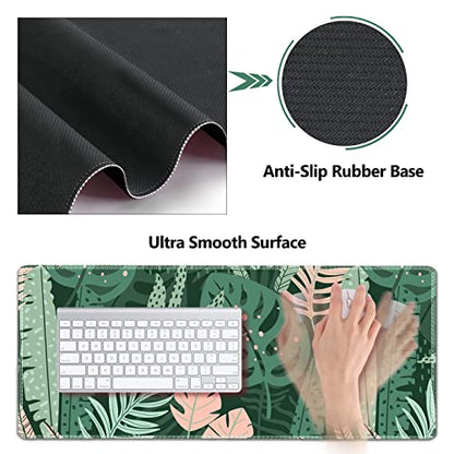 AIMSA Large Gaming Mouse Pad Set, Keyboard Wrist Rest Support Mouse Pad, Ergonomic Memory Foam Multifunctional Extended Desk Mat 35x15.7in Anti-Slip Rubber Base for Office Home, Pink Green Leaves - color: Pink Green Leaves