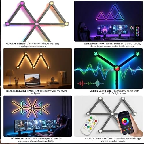 RGB Wall Light Lines, mart Gaming LED Lights DIY Geometry Splicing Gaming Wall Light Bar,WiFi RGB Strip Lights with Music Sync, App & Remote Control,DIY Modular Wall Lighting for Game Room