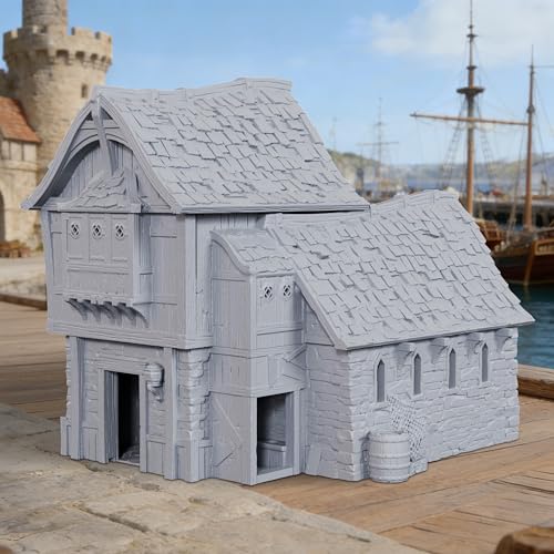 AUSPDICE DND Terrain 25mm 도크 빌딩, 도색되지 않은 TTRPG 워크샵 풍경 | 1:64 스케일 3피스 멀티 레벨 워크샵, 탈착식 섹션과 던전 앤 드래곤을 위한 디테일한 내부 - AF1154G - color: Af1154g Dock Buildings G