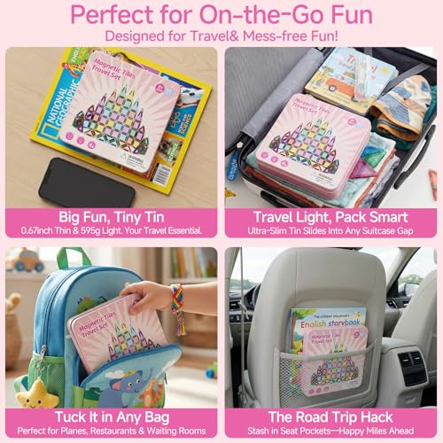 Mini Magnetic Tiles for Girls Travel: 60 PCS Pink Magnet Building Blocks in Tin Box to Stop Crying - 60 Mins Quiet Play 30s Cleanup Toy - Car Airplane Essentials Ages 3-8 - style: Pink 60PCS