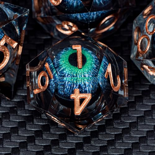 ARUOHHA DND Dragons Eye Dice Liquid Core Blue Green Resin Sharp Edged Dice Set with Gift Box, Compatible with D&D Role Playing Game, Dungeons Polyhedral D and D Dice D20 D12 D10 D8 D6 D4 - color: Yy03-blue Green