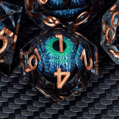 ARUOHHA DND Dragons Eye Dice Liquid Core Blue Green Resin Sharp Edged Dice Set with Gift Box, Compatible with D&D Role Playing Game, Dungeons Polyhedral D and D Dice D20 D12 D10 D8 D6 D4 - color: Yy03-blue Green